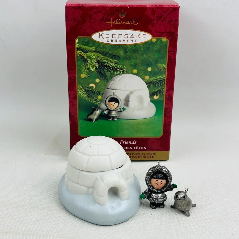 Hallmark Frosty Friends Ornament‎ Set Pewter Miniatures Porcelain Igloo Display